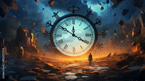 Surreal time concept with a giant clock - A fantasy depiction showing a colossal clock floating amidst ruins against a fiery sunset  symbolizing time s dominance