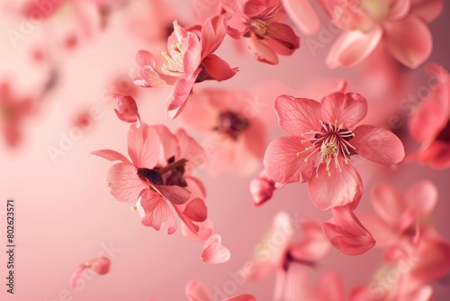 Fresh quince blossom  beautiful pink flowers falling in the air isolated on pink background. Zero gravity or levitation  spring flowers conception  high resolution image - generative ai