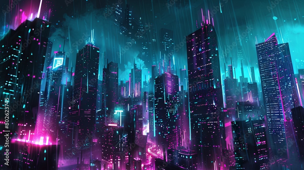 Obraz premium The image is a digital painting of a cyberpunk city