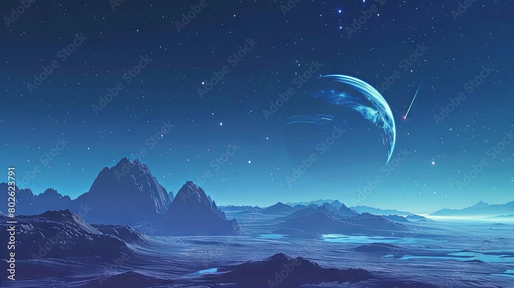 Fototapeta premium The image shows a beautiful landscape of a distant planet with a blue moon and a starry sky.