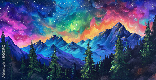 A beautiful landscape painting of a mountain range at night. The sky is a deep blue, and the mountains are a dark blue. The trees are a dark green, and the foreground is a light green. There is a brig photo