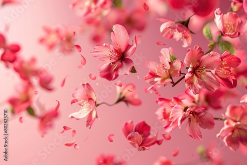 Fresh quince blossom, beautiful pink flowers falling in the air isolated on pink background. Zero gravity or levitation, spring flowers conception, high resolution image - generative ai © Nia™