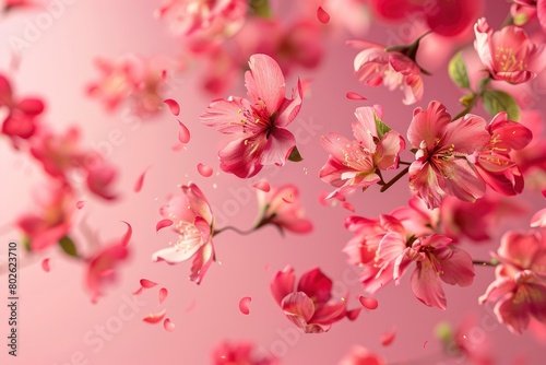 Fresh quince blossom, beautiful pink flowers falling in the air isolated on pink background. Zero gravity or levitation, spring flowers conception, high resolution image - generative ai