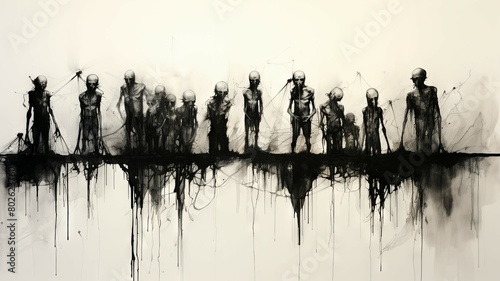 A group of undead standing in a row. The people are all wearing the same thing. Their faces are not visible. The background is white. The image is creepy and unsettling. 