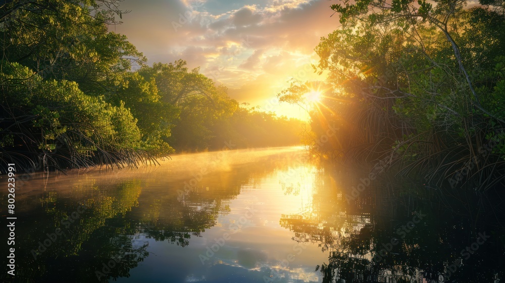 Serene Mangrove Forest: Capturing Nature's Beauty in Sunlit Splendor. Sunrise Background Serene Mangrove Forest: Capturing Nature's Beauty in Sunlit Splendor. Sunrise Background