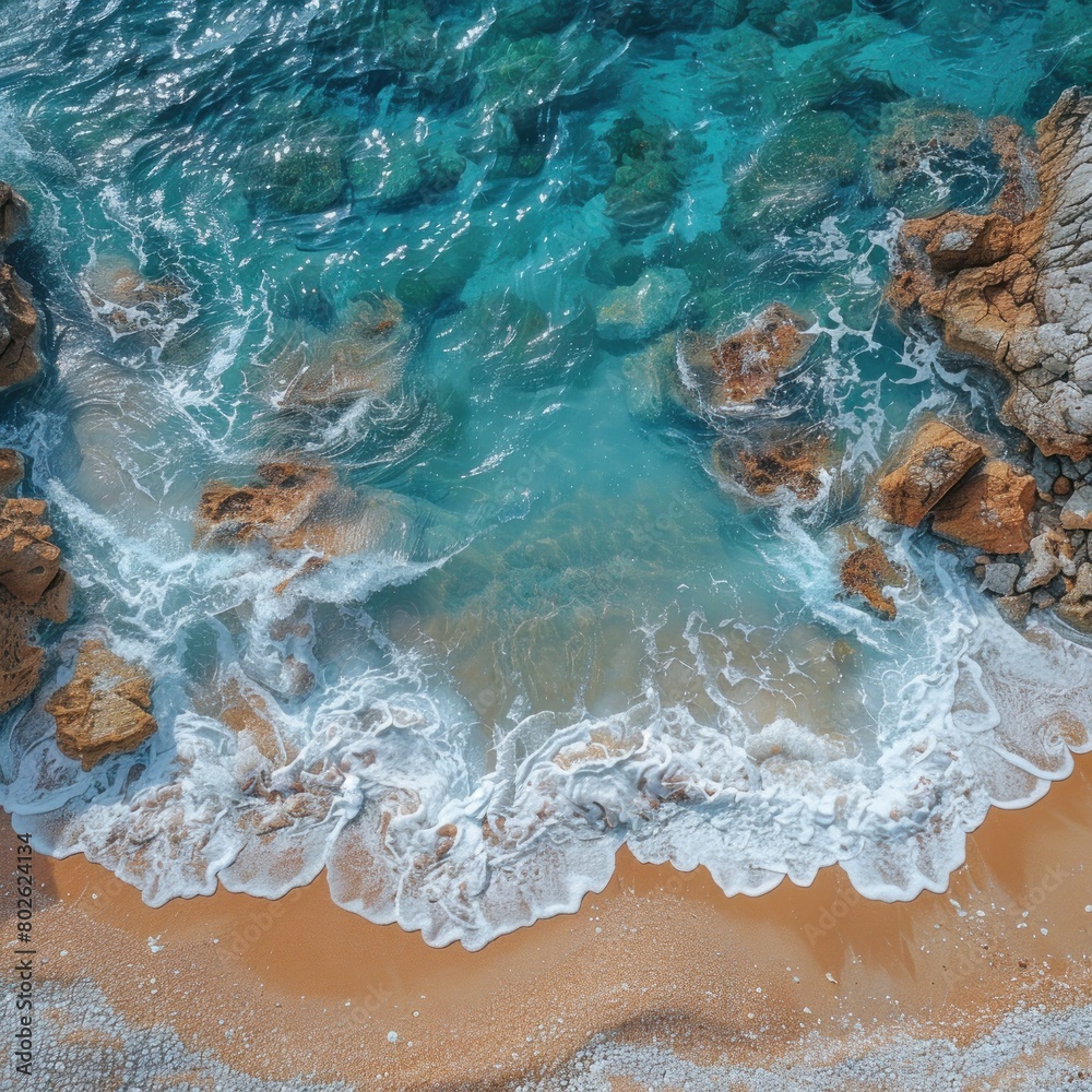 The object seen above the coastline is sparkling exotically from above, captured by a stunning drone camera, complete with the beauty of clear sea water and coral rocks The object seen above the coastline is sparkling exotically from above, captured by a stunning drone camera, complete with the beauty of clear sea water and coral rocks