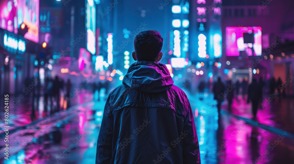 rear view of a man at night, cyberpunk city rear view of a man at night, cyberpunk city