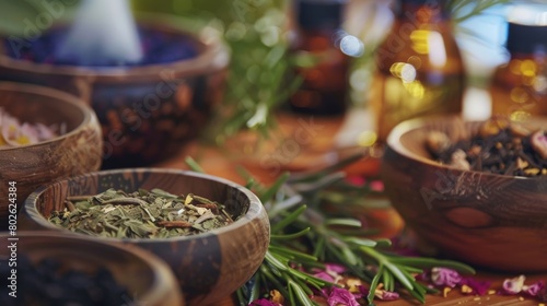 A soothing aromatherapy session with bowls of fragrant herbs and oils used to create a serene and calming ambiance.