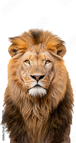 A large lion with a messy mane and yellow eyes stares forward on a white background