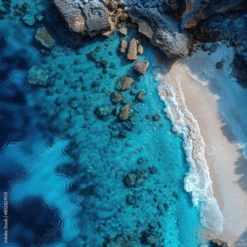 The object seen above the coastline is sparkling exotically from above, captured by a stunning drone camera, complete with the beauty of clear sea water and coral rocks