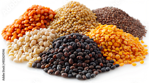 A variety of legumes and cereals, like beans, peas, lentils, barley, and spelt, displayed on a white backdrop.