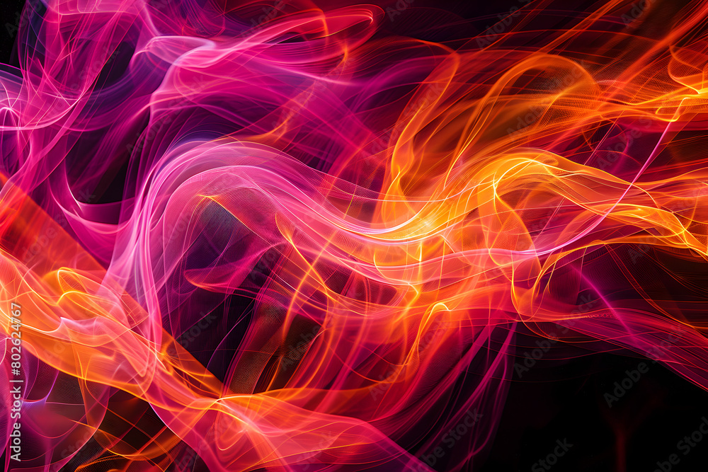 Hypnotic neon waves of pink and orange swirling in a cosmic ballet. Captivating art on black background.