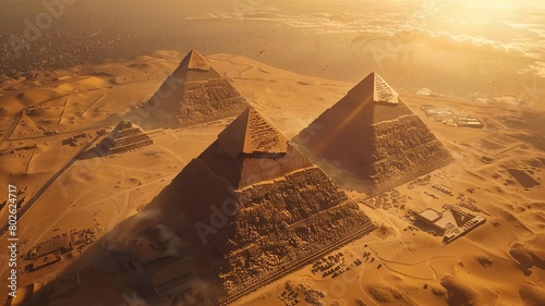 Pyramids of Giza bathed in golden sunlight - An aerial view of the ancient Egyptian Pyramids of Giza as they bask in the beautiful golden sunlight photo