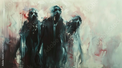 The image shows three dark figures in the mist photo