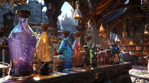 In a bustling marketplace of a bustling fantasy city a merchant proudly displays a variety of potions all of them infused with precious . .