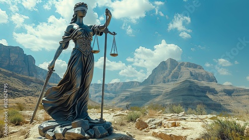 The photo shows a  bronze statue of the Greek goddess Themis, who is the personification of divine order, fairness, law, and custom photo