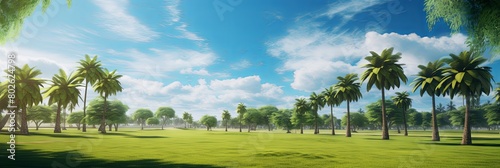 The photo shows a beautiful green golf course on a sunny day. The palm trees and blue skies make it a perfect day for a game of golf. photo