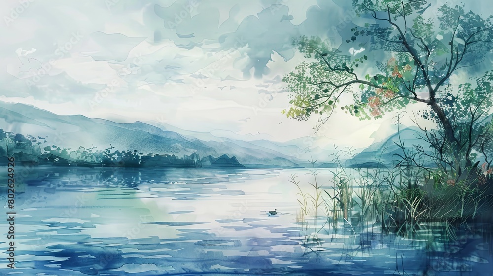 The watercolor painting shows a peaceful lake and mountains in the distance. The sky is blue with hazy clouds and the sun is shining on the lake, creating a beautiful scene.