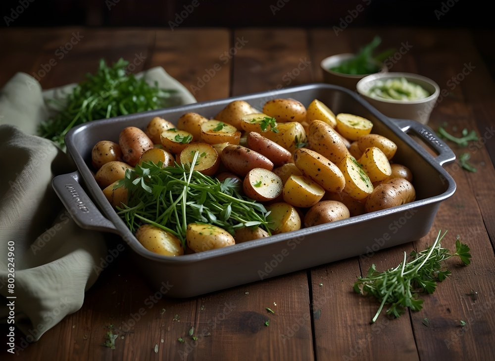 Fingerling potatoes in rustic sheet pan topped with green herbs, dressing and chives on the side, with green linen on wood surface. Banner, Background, Wallpaper, Copy Space, Widescreen, Marketing. Se Fingerling potatoes in rustic sheet pan topped with green herbs, dressing and chives on the side, with green linen on wood surface. Banner, Background, Wallpaper, Copy Space, Widescreen, Marketing. Se