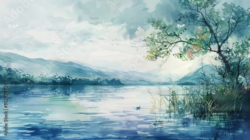 The watercolor painting shows a peaceful lake and mountains in the distance. The sky is blue with hazy clouds and the sun is shining on the lake  creating a beautiful scene.