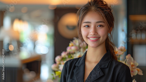 smiling woman of hotel service wearing black uniform, housekeeping, hospitality worker, luxury 5 star hotel, spa
