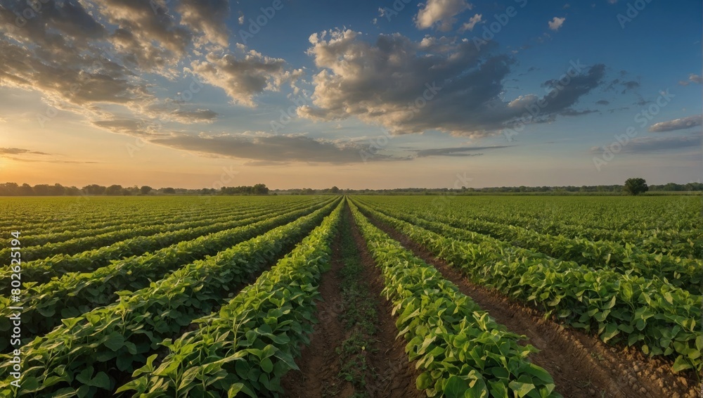 field of green plants with a sunset in the background, rows of lush crops