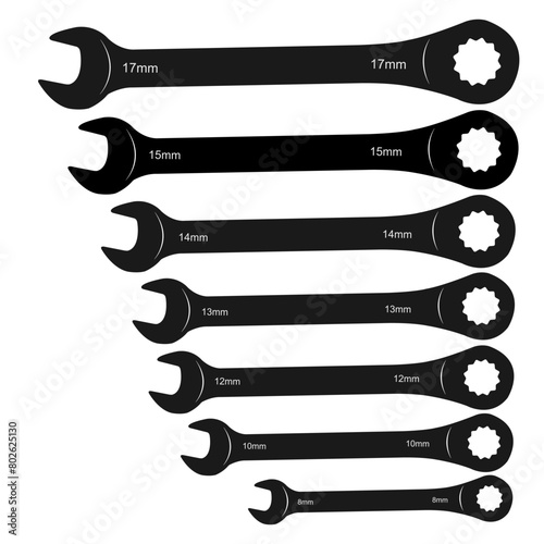 Set of 7 sizes of metric ratchet wrenches