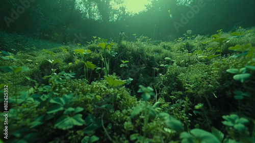 A lush green field with a small hole in the middle