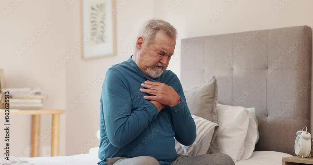 Senior man, chest pain and injury with heart condition or panic attack in bed at home. Elderly male person with ache, sore body or cardiac arrest in stress, anxiety or health in bedroom at house Senior man, chest pain and injury with heart condition or panic attack in bed at home. Elderly male person with ache, sore body or cardiac arrest in stress, anxiety or health in bedroom at house