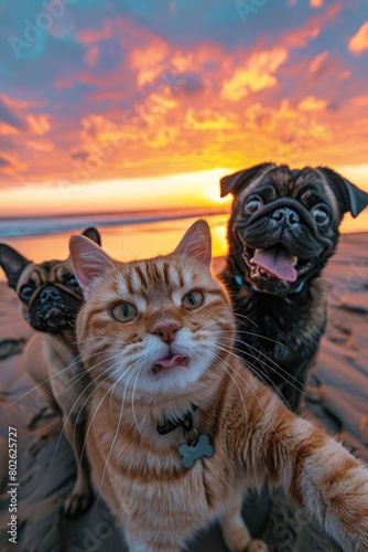 A cat and two dogs take a selfie at the beach. © Nuth