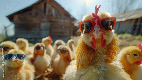 A chicken wearing sunglasses is standing in front of a group of other chickens who are also wearing sunglasses.