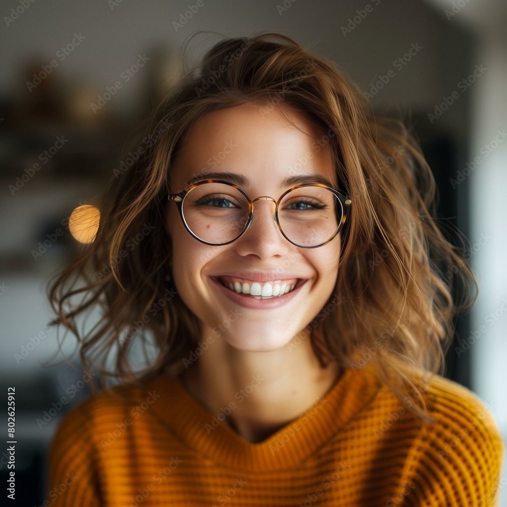 Obraz premium Radiant Smiling Woman in Glasses Wearing Orange Sweater Indoors