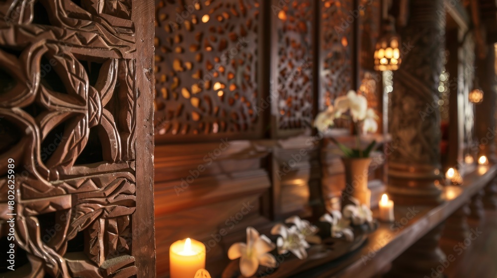 An intricately carved wooden screen creates a sense of privacy and seclusion enhancing the intimate and serene atmosphere. 2d flat cartoon.
