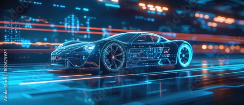 A futuristic sports car drives through a digital landscape.