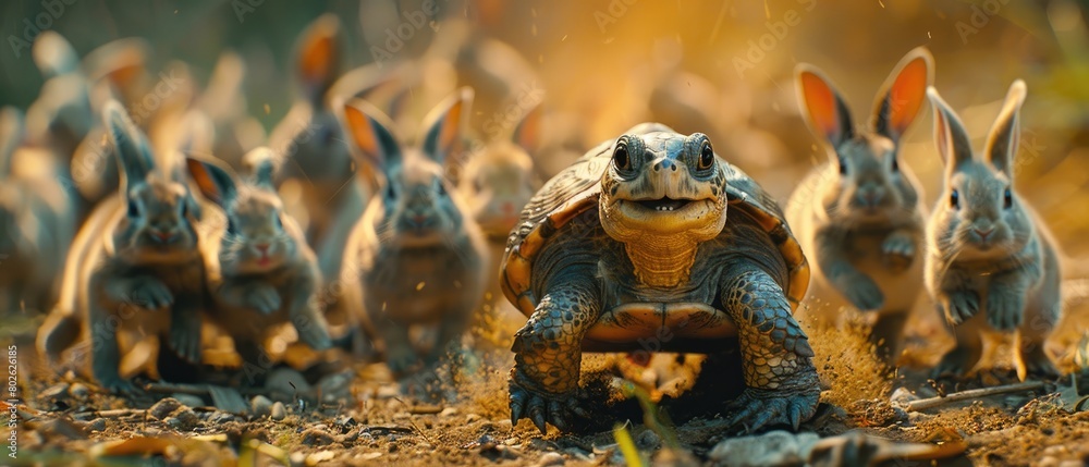A group of rabbits racing against a turtle A group of rabbits racing against a turtle