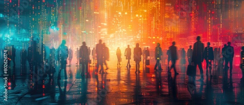 A group of people walking through a city at night with colorful lights. photo