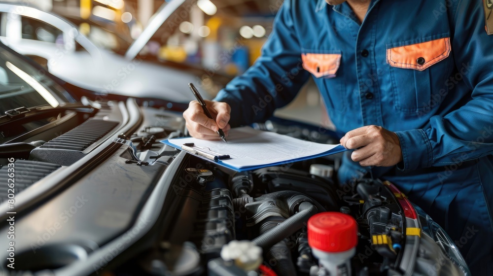 A mechanic is inspecting a car engine and writing on a clipboard.