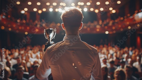 A man standing on a stage holding a trophy with a crowd in front of him.