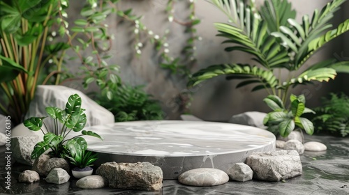 A marble podium in front of a stone wall with plants and rocks.