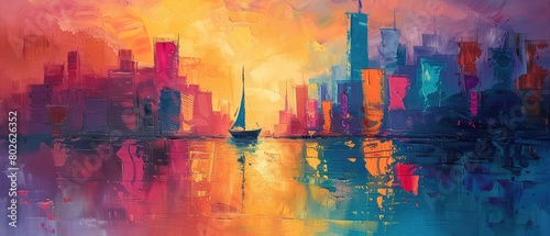 A painting of a cityscape with a sailboat on the water. The colors are vibrant and the brushstrokes are thick.