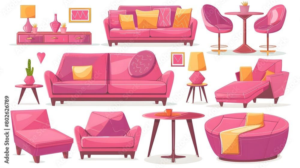 Elegant Pink Living Room Furniture Set Isolated on White Background Elegant Pink Living Room Furniture Set Isolated on White Background