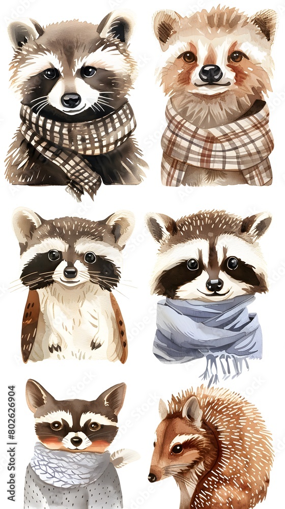 Fototapeta premium Safari Animal Set with Forest Creatures: Cartoon style depiction of friendly forest animals like bears, raccoons, owls, hedgehogs, and deer.