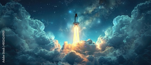 A spaceship is ascending from the Earth through the clouds into outer space.