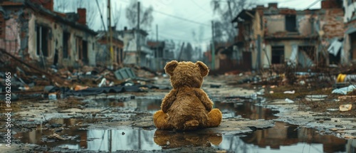 A teddy bear sits in the middle of a war-torn city. The city is in ruins, with buildings destroyed and rubble everywhere. The teddy bear is alone and looks lost and scared.