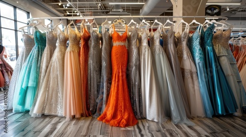 A variety of colorful evening gowns hang on a rack in a store.