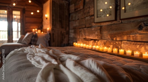 The warm glow of the votive candle wall brings a sense of comfort and coziness to the rustic bedroom. 2d flat cartoon. photo