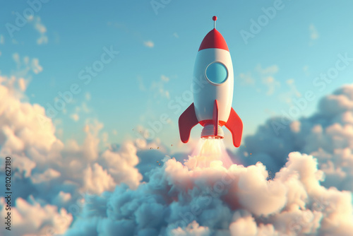 Retro rocket ship flying in the sky with smoke and clouds, in the style of cartoon. Big space for text. The concept of social media promotion or advertising business beginning. 3D rendering.