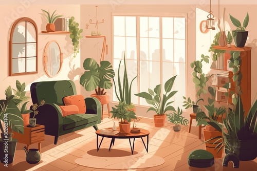 a cartoon illustration of a room with plants and a couch.