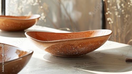 A handthrown ceramic dish in a warm terracotta tone crafted with a speckled glaze.. photo