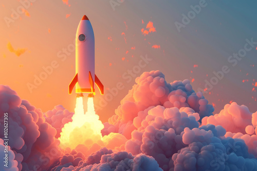 3D render of a rocket taking off in the style of a cartoon, with a minimalistic background of a sky with clouds and a color palette of white and orange, at a high resolution